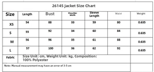 Size chart for women blazer with faux fur cuffs showing 100% polyester fabric details
