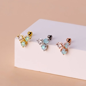 Three-color surgical steel cartilage studs featuring cubic zirconia and opal stones