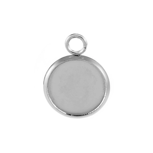Close-up of a round silver stainless steel bezel tray with an open bail for jewelry making