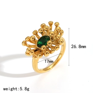Detailed size specifications of gold ring with green zircon and radial flower design