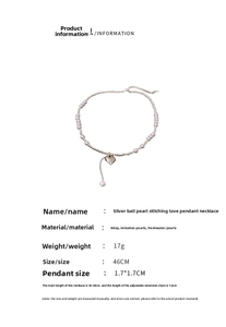 Detailed size parameters of silver heart and pearl beaded necklace with dimensions