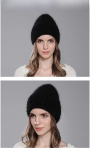Detail view of black knit beanie for women with faux rabbit fur and beaded accents