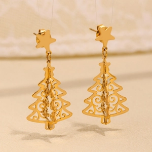 3D hollow Christmas tree drop earrings in 18K gold plated stainless steel