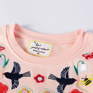 Gros plan d'une robe rose à manches longues pour fille avec broderies d'oiseaux et fleurs