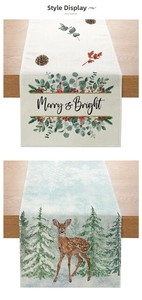 Detailed style display of polyester Christmas table runners with Merry & Bright prints