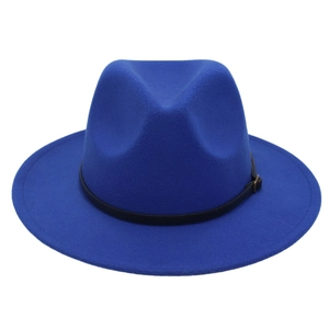 Close-up of the dark blue wool fedora featuring a black leather belt with a gold metal buckle