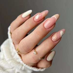 Long Almond Press On Nails Heart Pattern French Tip Gradient Cream White Pink Elegant Artificial False Nails For Women