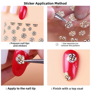 Step-by-step tutorial for applying floral camellia nail stickers using tweezers on tips