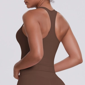 Close-up of racerback detail on dark brown seamless athletic yoga sports bra for women