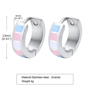 Detailed view of 4mm stainless steel hoop earrings with pink and blue enamel inlay