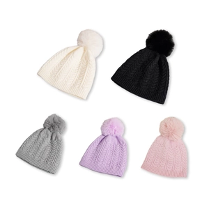 Pink knit hat set with fur pom poms and classic cable patterns for children in five colors