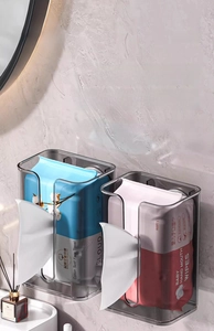 Detail of wall-mounted transparent grey tissue box storage for bathroom face towels