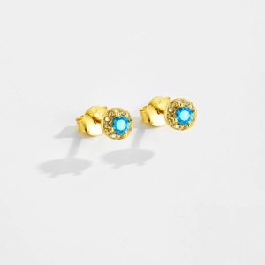 Detail of S925 sterling silver gold stud earring with round blue gem and white crystals