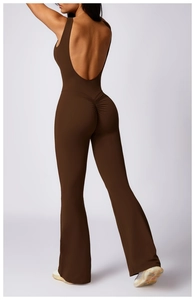 Detail of deep brown backless flared yoga bodysuit with peach butt lifting scrunch seam