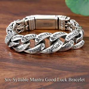 Bracelet pour homme en argent S925 avec mantras bouddhistes gravés et style vintage chic