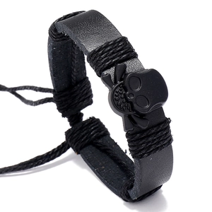 Skull Leather Bracelet Punk Adjustable Woven Rope Gothic Biker Jewelry For Men Black Strap
