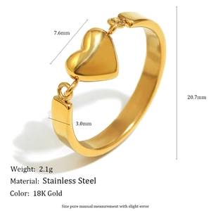 Anello in acciaio inossidabile placcato oro 18K con cuore e specifiche misure