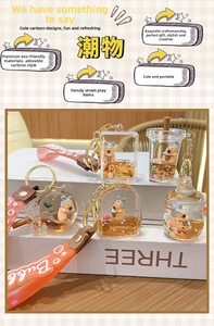 Detail of liquid quicksand Capybara keychains in bubble tea cup shapes with wrist straps