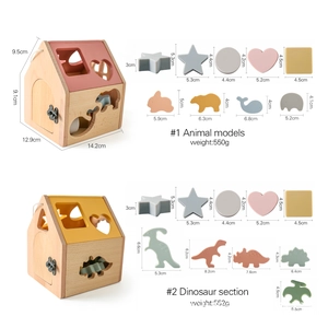Detailed size and weight chart for wooden house shape sorter toy with animal blocks