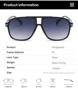 Detailed size specifications for vintage double bridge aviator sunglasses in PC frame