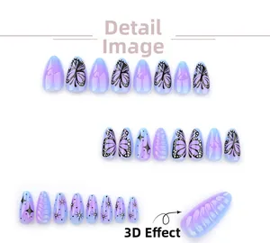 Close-up of 3D textured butterfly and star patterns on purple gradient almond press-on nails