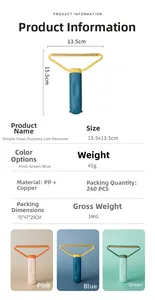 Manual lint remover showing copper blade detail and size measurements for pet hair removal