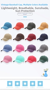 Detailed grid display of washed baseball caps in 16 vintage colors for sun protection