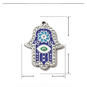 Technical drawing of a Hamsa hand pendant showing 26mm by 20mm dimensions and materials