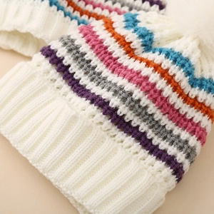 Close-up of knit texture with rainbow stripes and soft fleece lining on winter hat