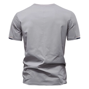 Detail view of the gray men's T-shirt back showing minimalist crew neck and striped trims