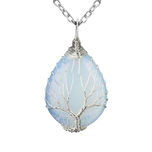 Large Tree of Life wire wrapped water drop light blue crystal necklace with silver chain