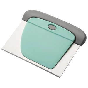 Stainless steel dough scraper set with mint green and grey handles for baking needs