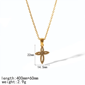 Women's gold stainless steel cross necklace with crystal pendant on white background