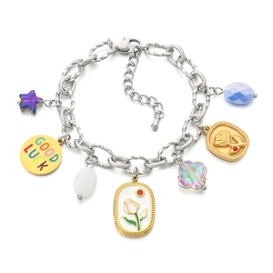 Retro Edelstahl-Bettelarmband mit Tulpen-, Stern- und Mondanhängern aus Emaille