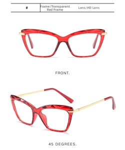 Detailed views of transparent red cat-eye frames with multifaceted diamond-cut details