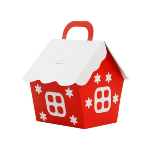 European red house shaped Christmas candy gift box with white snowflake patterns