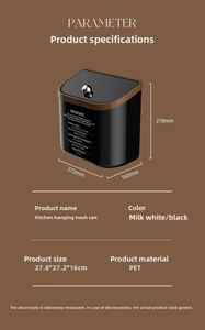 Detailed dimensions of the black hanging kitchen waste bin with wood grain lid