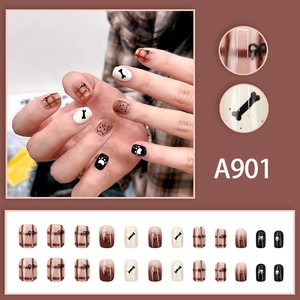 Brown plaid press-on nails with cute puppy and bowknot designs, 24-piece full set