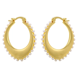 French vintage C-shaped gold pearl earrings with a sleek oval-shaped glossy finish