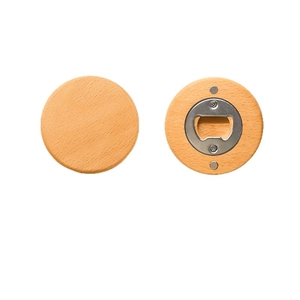 Customizable round wood magnetic beer bottle opener with natural wood grain and metal insert