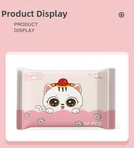 Close-up of 10-piece baby wet tissue pack featuring cute cat design and pink packaging