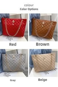 Quilted tote bags shown in red, brown, grey and apricot with crown pearl charms