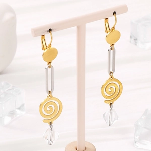 Spiral titanium steel drop earrings with silver rectangle links and clear faceted beads