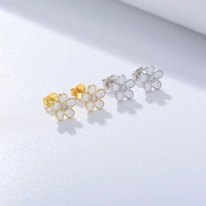 Detailed close-up of S925 silver flower earrings with white enamel and center zircon