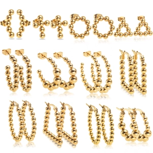 Gold Plated Stainless Steel Beaded Hoop Earrings With 925 Sterling Silver Earring Post Geometric Ball Studs For Women