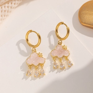 Golden cloud drop earrings with pink stones and sparkling cubic zirconia dangles