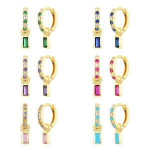 Set of 6 gold S925 sterling silver hoop earrings with rectangular multi-color zircons