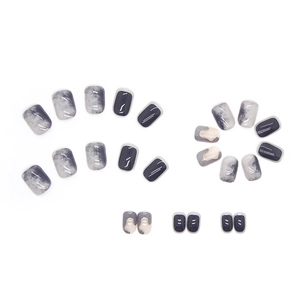 Glacier blue gradient press-on nails set with grey marble art and glossy finish
