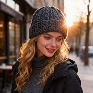 Dark grey cable-knit beanie with folded cuff, modeled in warm evening outdoor street light