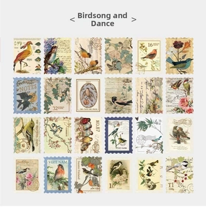 Detailed grid showing 24 unique vintage bird and botanical postage stamp stickers